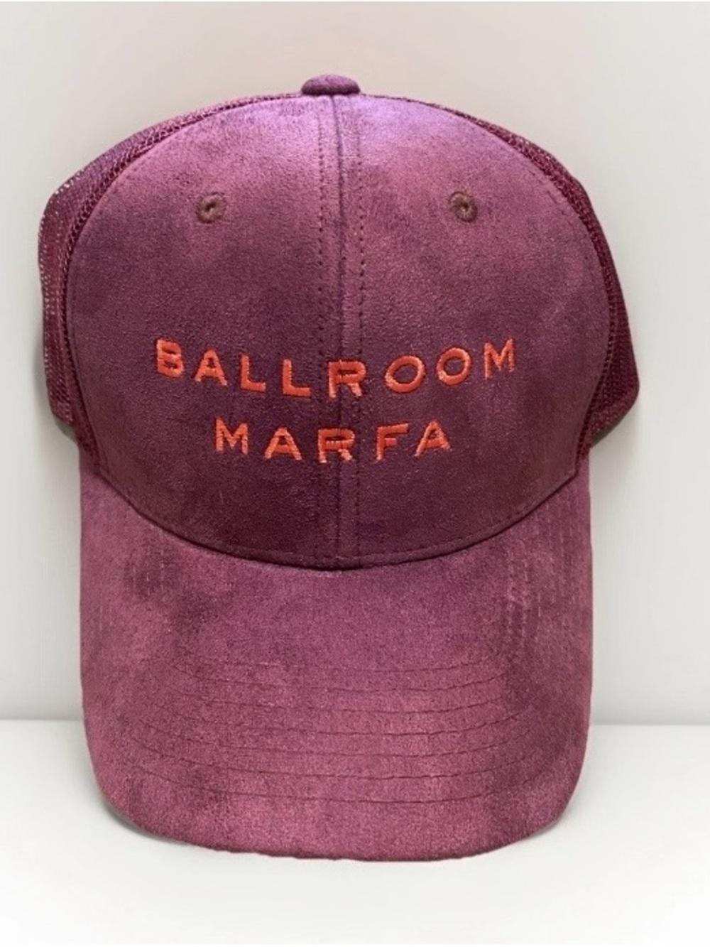BALLROOM MARFA Suede Trucker Hat - Burgundy & Tangerine. Bold color way. NWT